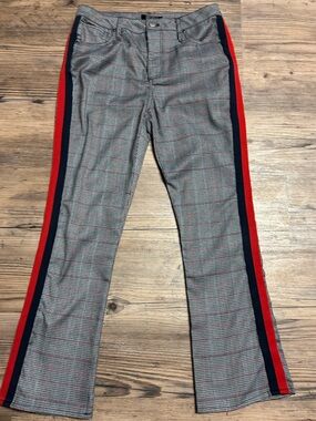 Aqua Plaid Boot-Cut Pants with Red & Navy Side Stripes